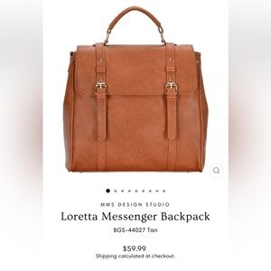 MMS DESIGN STUDIO Loretta Messenger Backpack Vegan Faux Leather Large Bag Tan